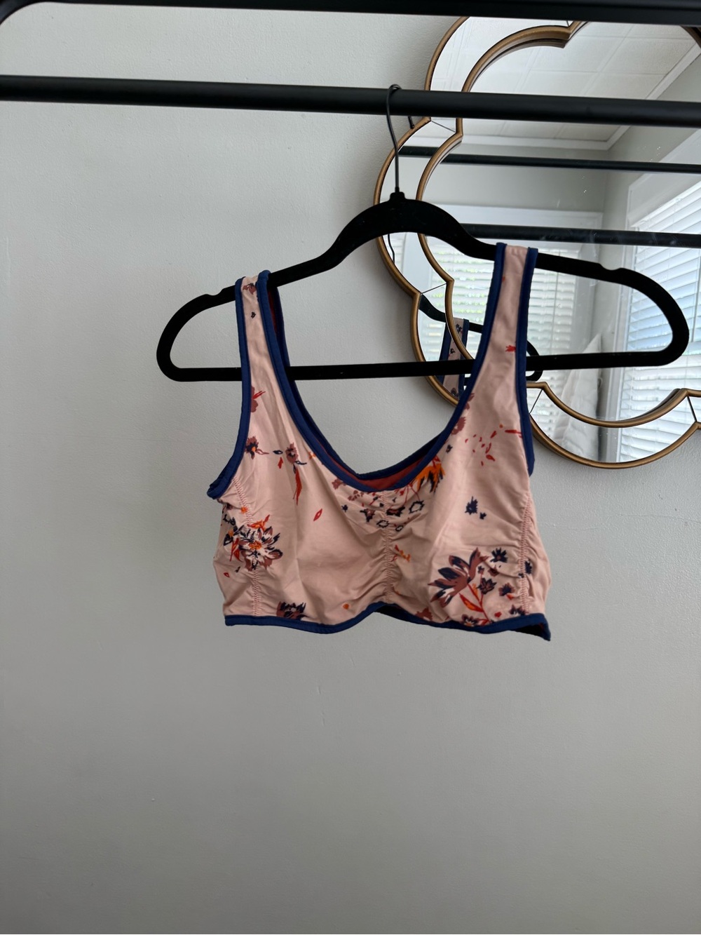 Floral Light Pink Crop Tank Top with Navy Trim